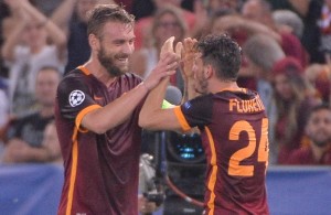 AS Roma's Alessandro Florenzi (R) jubilates with his teammate Daniele De Rossi after scoring the goal during the Uefa Champions League soccer match AS Roma vs FC Barcelona at Olimpico stadium in Rome, Italy, 16 September 2015.
ANSA/MAURIZIO BRAMBATTI