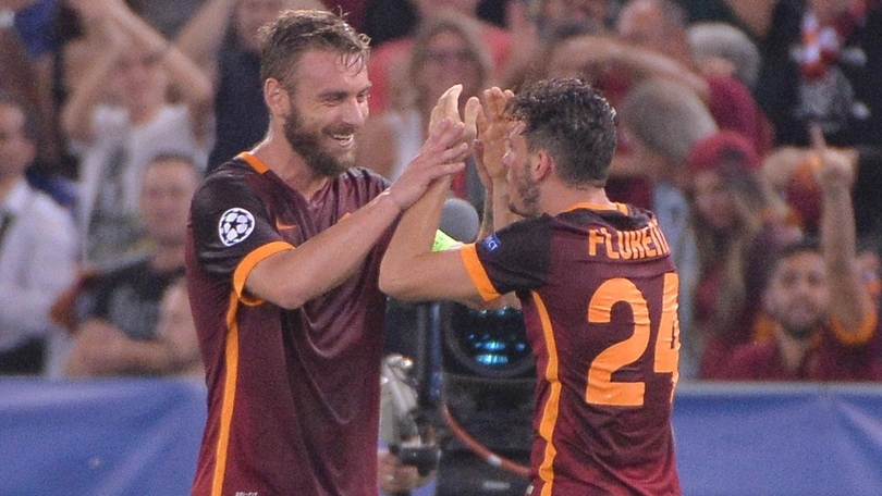 AS Roma's Alessandro Florenzi (R) jubilates with his teammate Daniele De Rossi after scoring the goal during the Uefa Champions League soccer match AS Roma vs FC Barcelona at Olimpico stadium in Rome, Italy, 16 September 2015.
ANSA/MAURIZIO BRAMBATTI